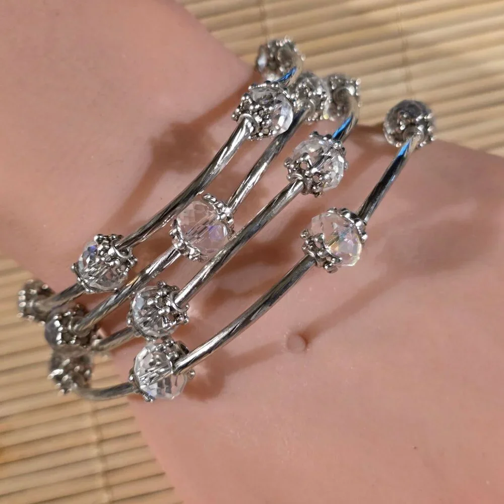 Silver Tone Crystal Wrap Bracelet With Clear Faceted Beads & Filigree Details